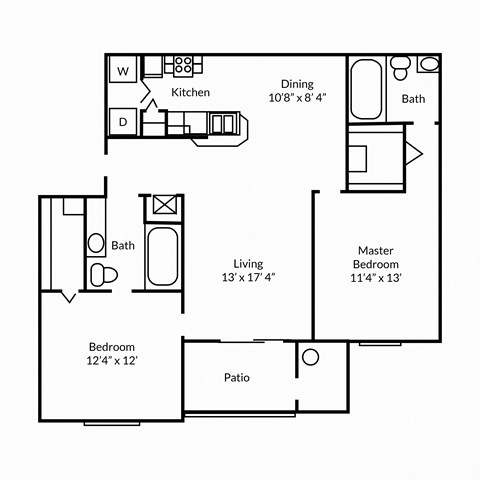 Floor plan for 2 beds, 2 baths, 1107 sqft